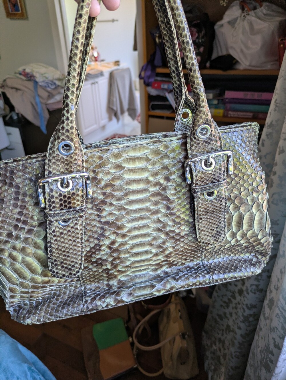 Real Snakeskin Shoulder Bag in Olive Green